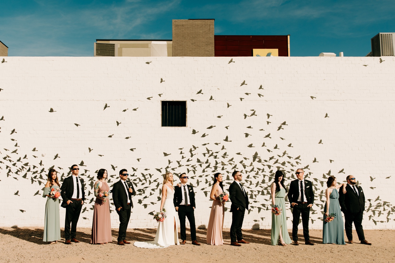 Wedding Party Photos in Downtown Phoenix with Graffiti Backdrop