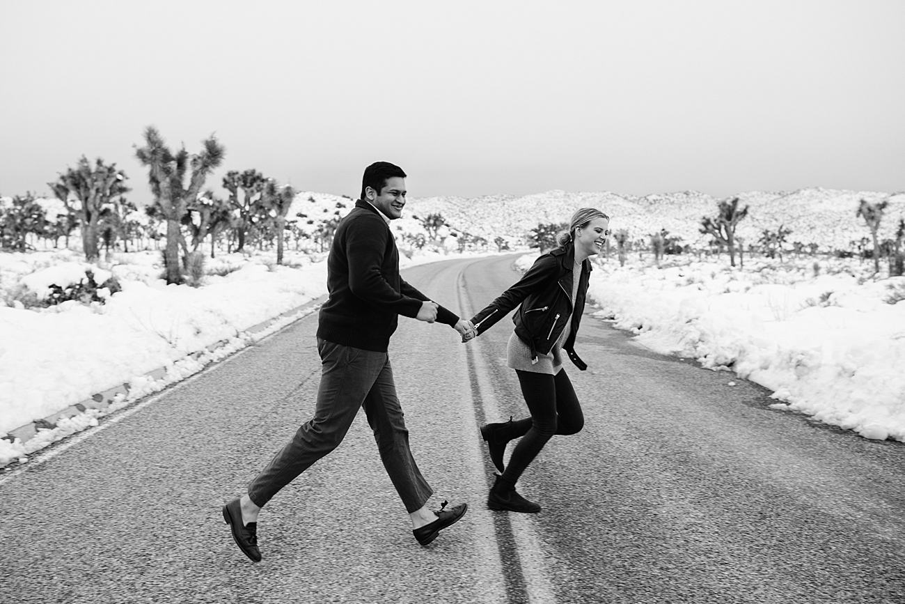 Joshua Tree Engagement Photos in the snow